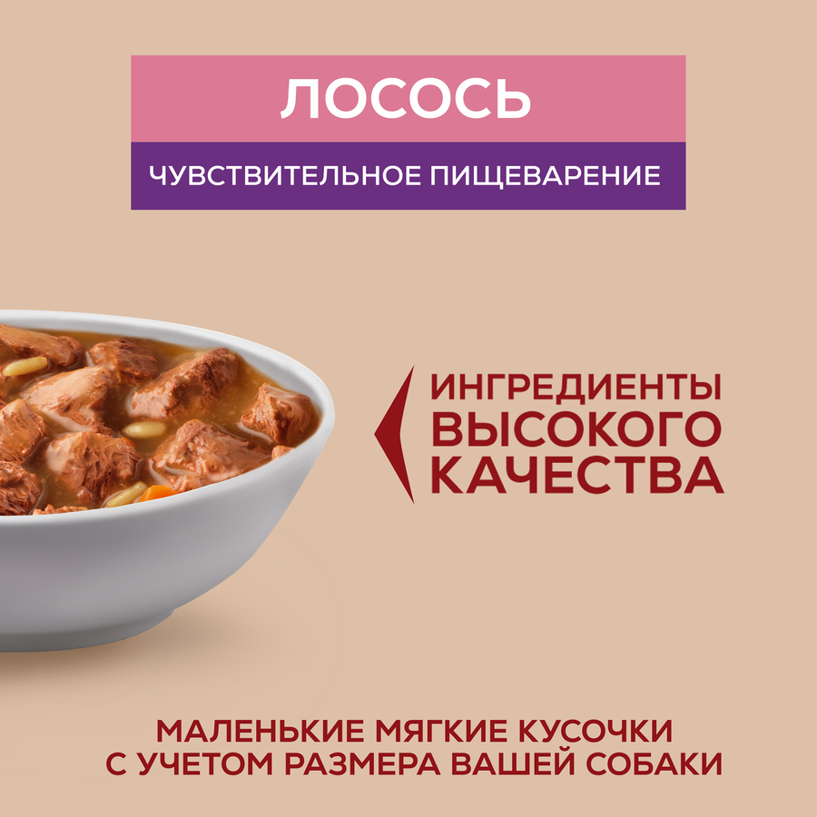 Корм влажный для взрослых собак PURINA ONE Мини для мелких и карликовых пород с чувствительным пищеварением, с лососем, рисом и морковью в подливе, 85г, предпросмотр