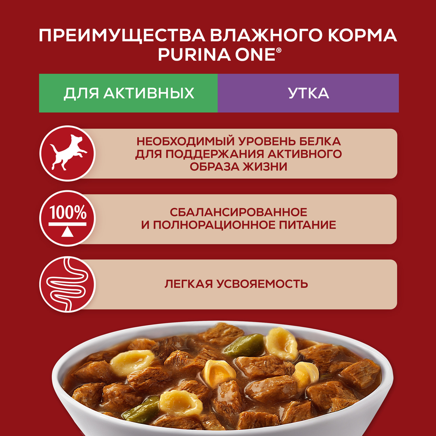 Корм влажный для взрослых собак PURINA ONE Мини для мелких и карликовых пород с активным образом жизни, с уткой, пастой и стручковой фасолью в подливе, 85г, превью