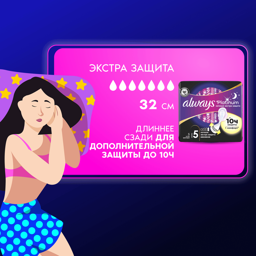 Прокладки ночные ALWAYS Platinum Экстра защита, с крылышками, 5шт, превью