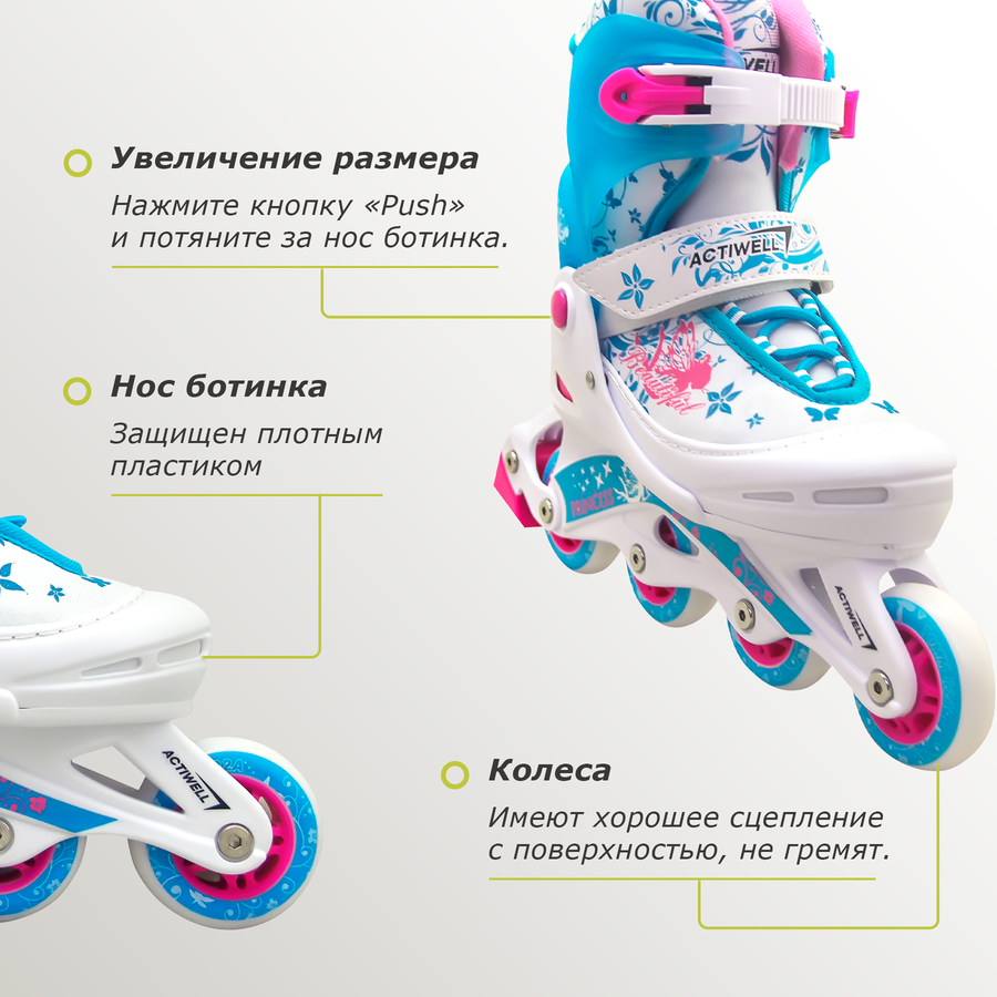 Коньки роликовые раздвижные для девочки ACTIWELL р. 34–37, Арт. PW-117, предпросмотр