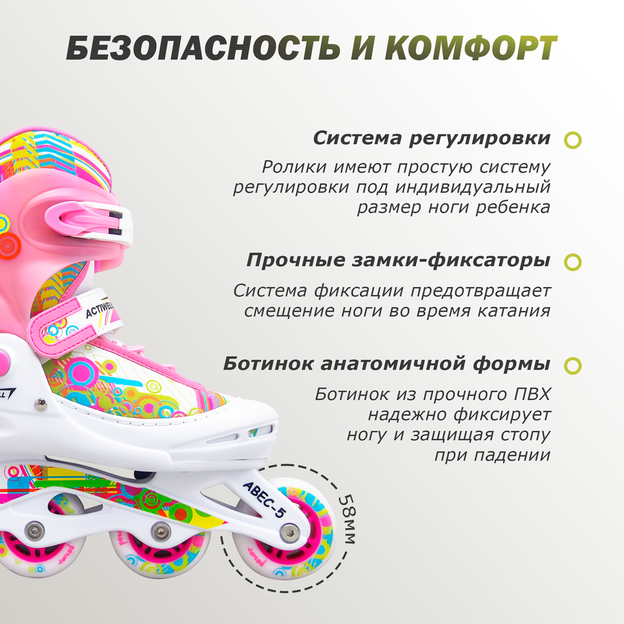 Коньки роликовые раздвижные для девочки ACTIWELL р. 34–37, Арт. PW-117, предпросмотр