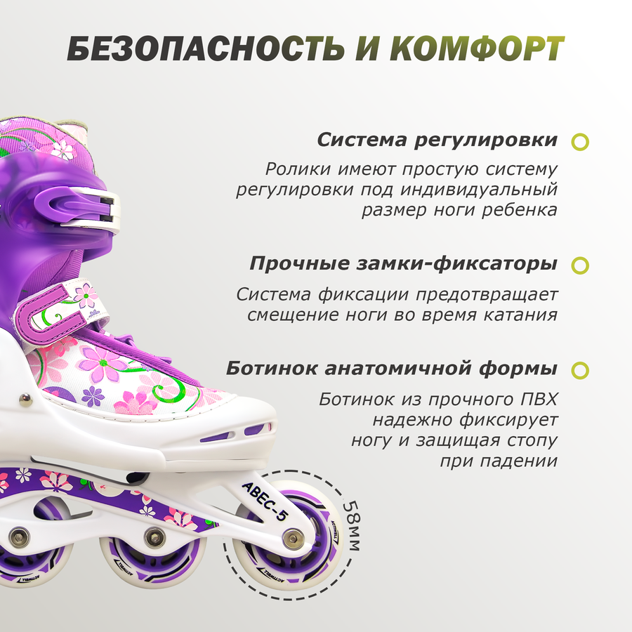 Коньки роликовые раздвижные для девочки ACTIWELL р. 34–37, Арт. PW-117, предпросмотр