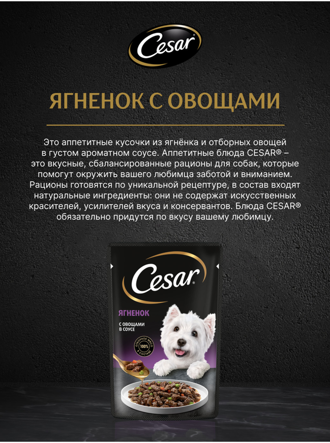 Корм влажный для взрослых собак CESAR с ягненком и овощами в соусе, 85г, превью