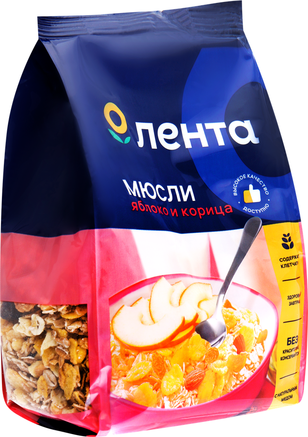 Мюсли хрустящие ЛЕНТА с яблоком и корицей в меду, 400г, предпросмотр