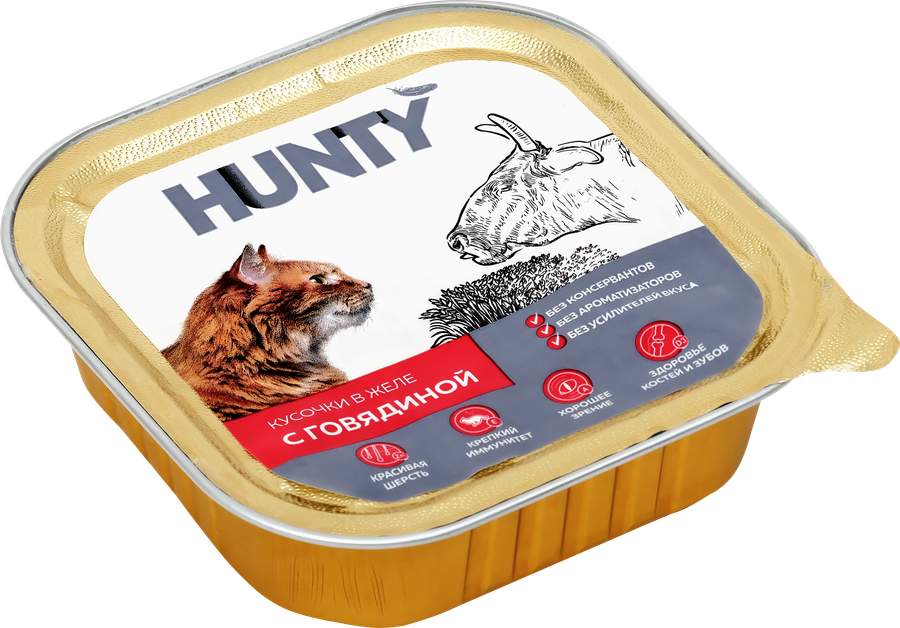 Корм консервированный для взрослых кошек HUNTY с говядиной, кусочки в желе, 100г, превью