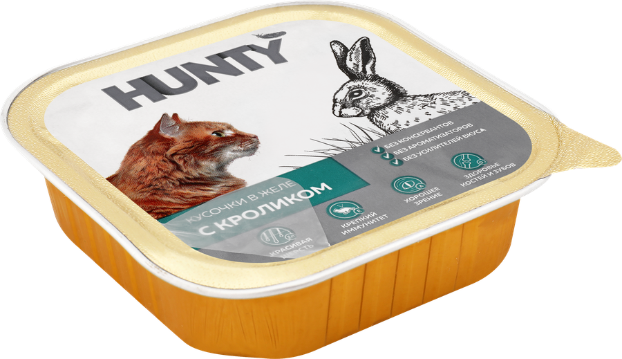 Корм консервированный для взрослых кошек HUNTY с кроликом, кусочки в желе, 100г, превью
