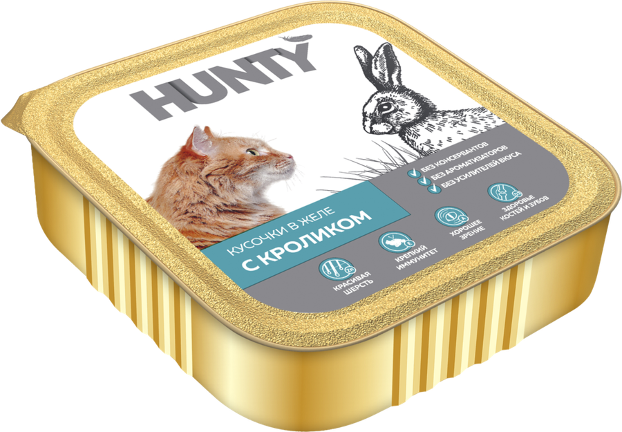 Корм консервированный для взрослых кошек HUNTY с кроликом, кусочки в желе, 100г, превью
