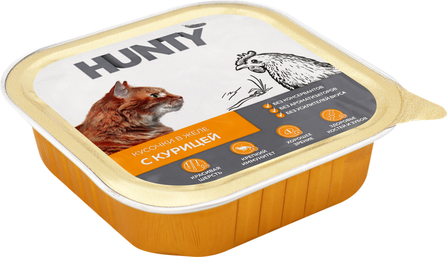 Корм консервированный для взрослых кошек HUNTY с курицей, кусочки в желе, 100г, превью