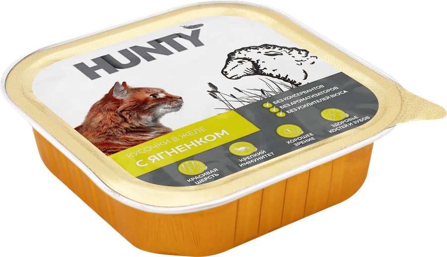 Корм консервированный для взрослых кошек HUNTY с ягненком, кусочки в желе, 100г, предпросмотр