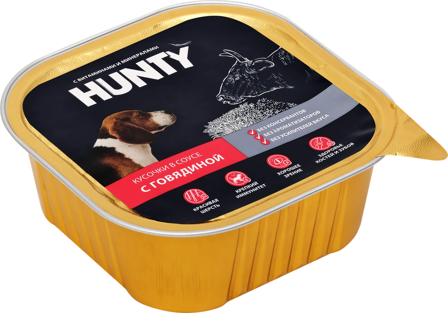 Корм консервированный для взрослых собак HUNTY кусочки в соусе с говядиной, 300г, предпросмотр