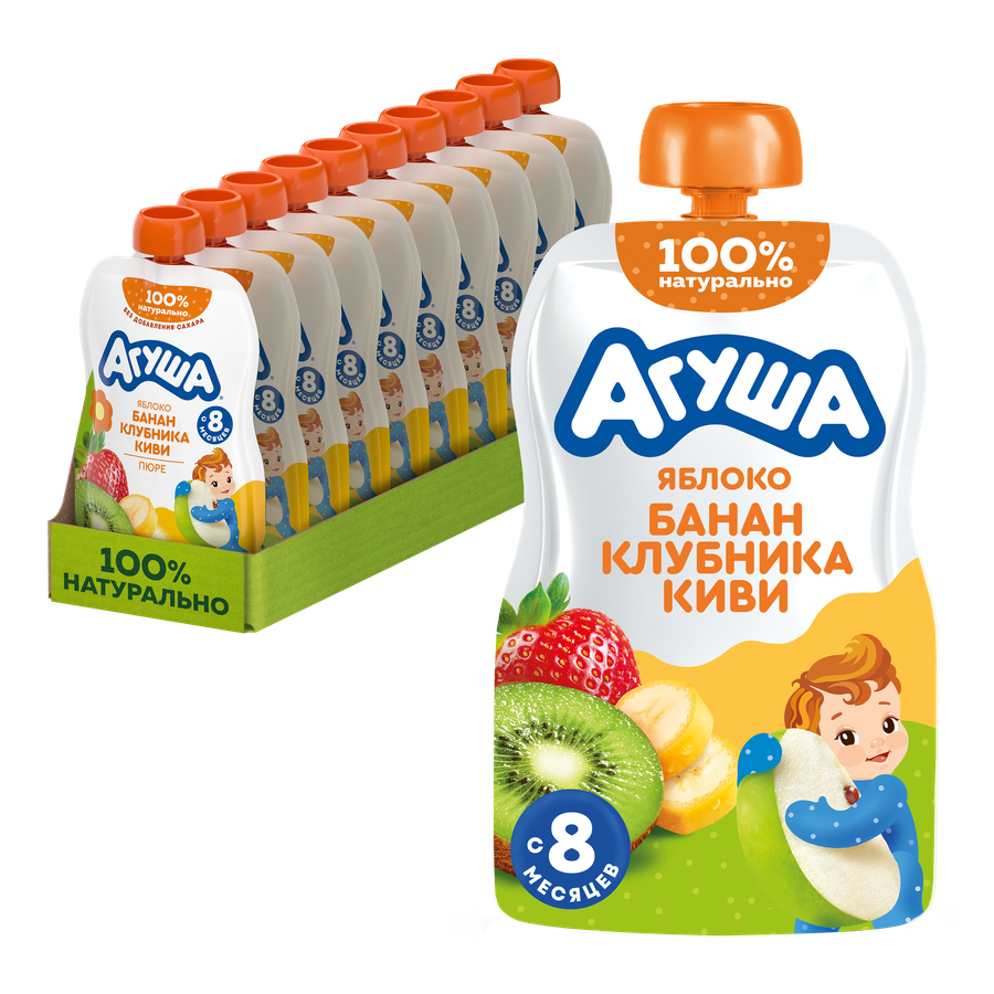Пюре фруктово-ягодное детское АГУША Яблоко, банан, клубника и киви, с 8 месяцев, 90г, превью