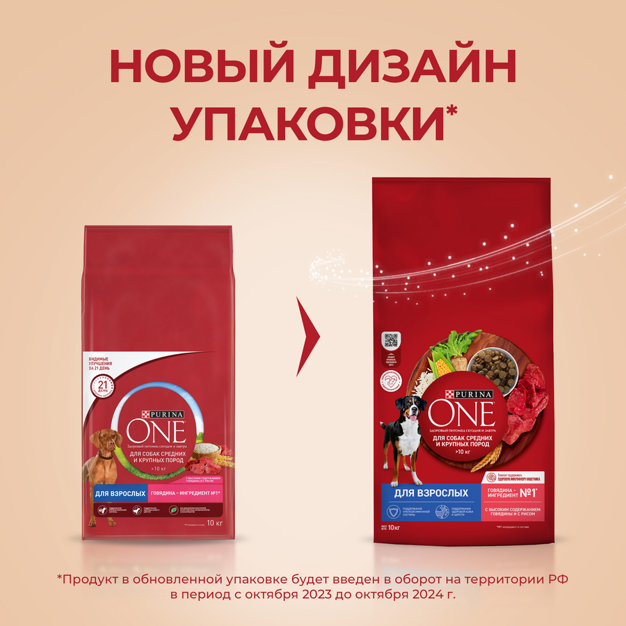 Корм сухой для взрослых собак PURINA ONE для средних и крупных пород, с высоким содержанием говядины и рисом, 10кг, превью