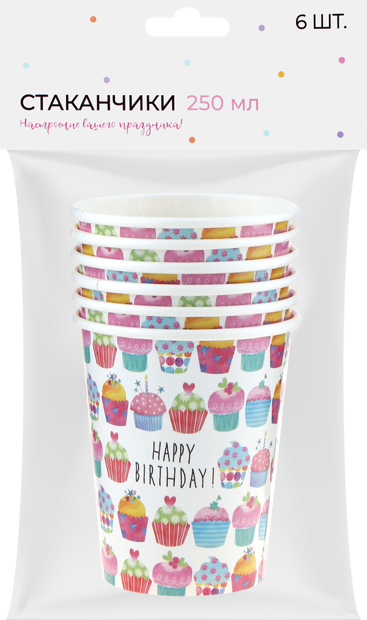 Стаканы одноразовые Happy Birthday 250мл бумажные Арт. СТК, 6шт, предпросмотр