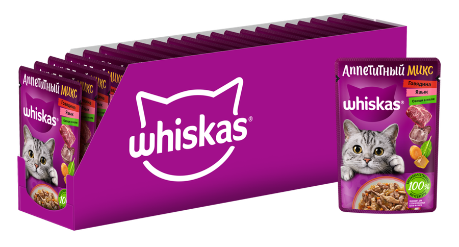 Корм консервированный для взрослых кошек WHISKAS Аппетитный микс желе с говядиной, языком и овощами, 75г, превью