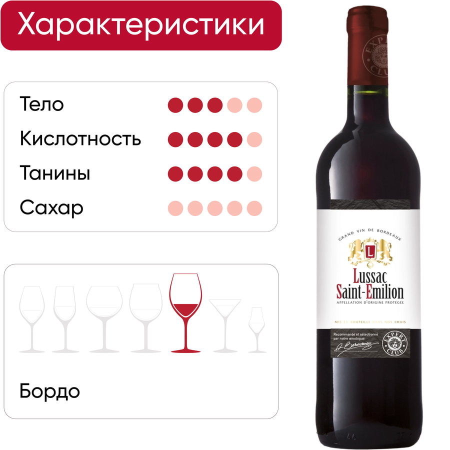 Вино LUSSAC SAINT-EMILION Бордо Эксперт Клаб выдержанное красное сухое,  0.75л, предпросмотр