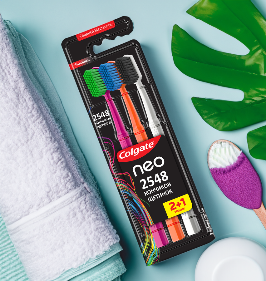 Зубная щетка COLGATE Neo 2548 кончиков щетинок, средней жесткости, 2+1, 3шт, превью