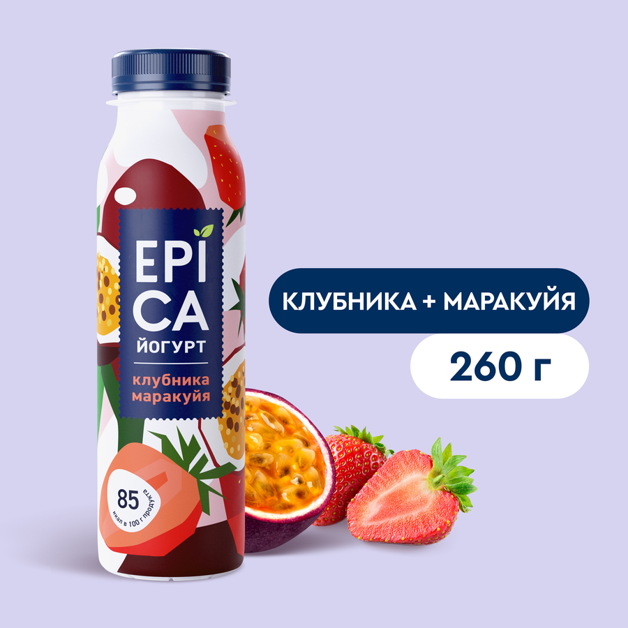 Йогурт питьевой EPICA с клубникой и маракуйей 2,5%, без змж, 260г, превью