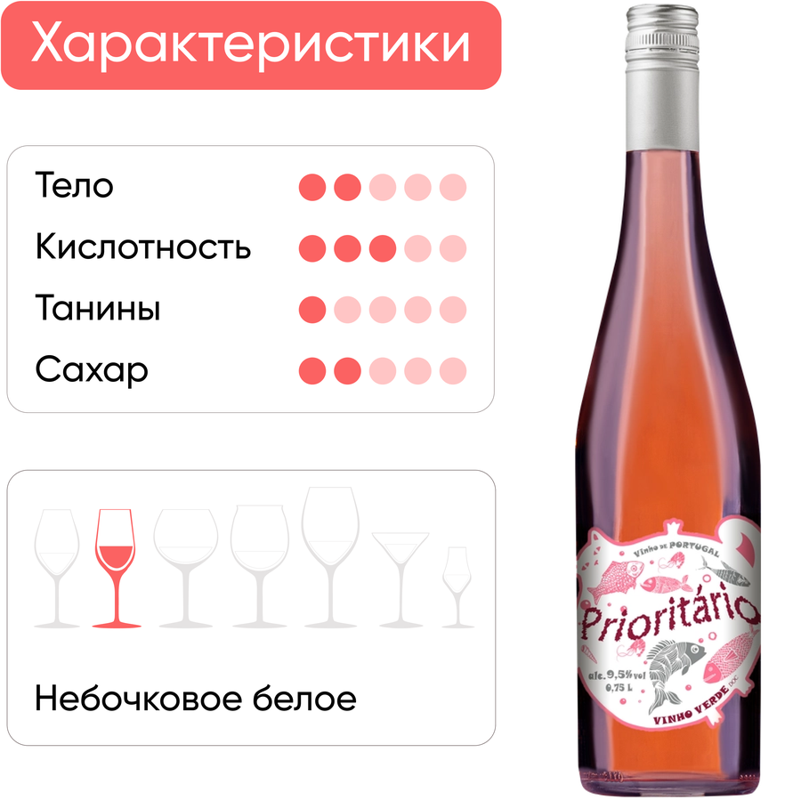 Вино PRIORITARIO Виньо Верде розовое полусухое, 0.75л, предпросмотр