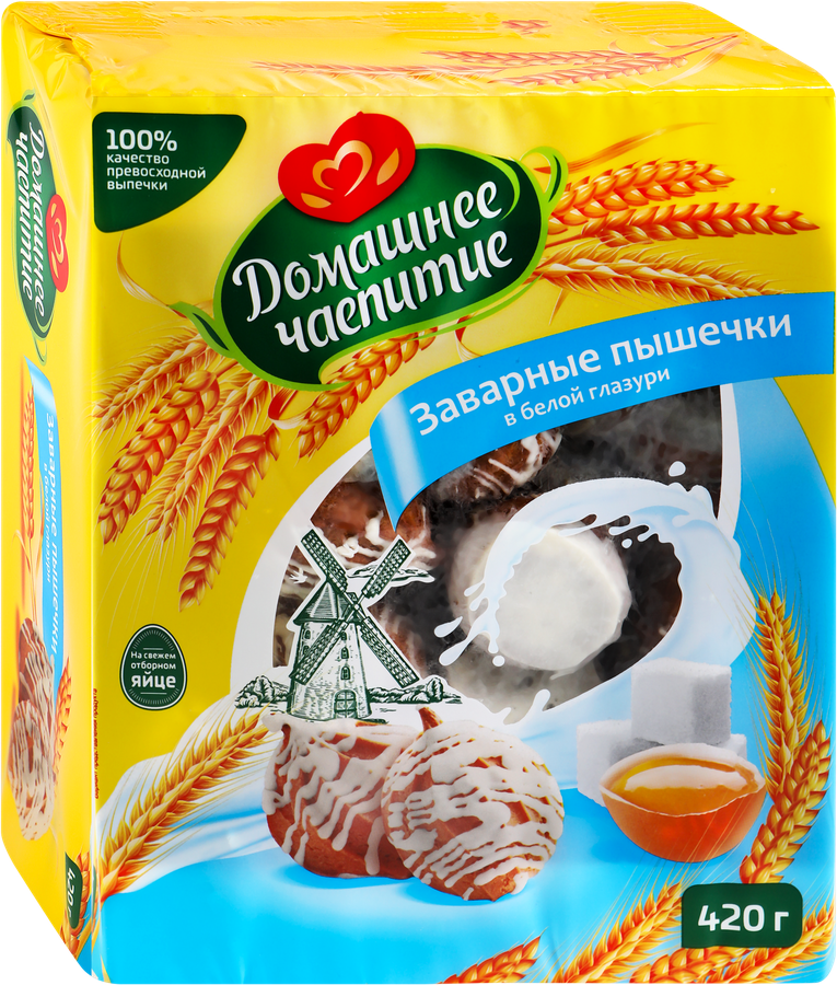 Кондитерское изделие ДОМАШНЕЕ ЧАЕПИТИЕ Заварные Пышечки Яшкино в белой глазури, 420г, превью