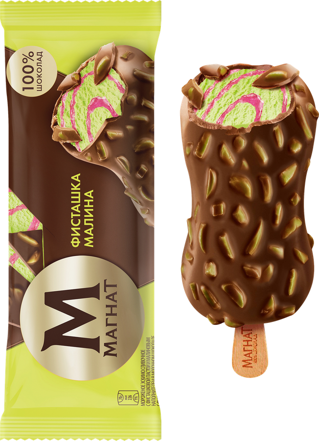Мороженое МАГНАТ Фисташка-Малина, сливочное в молочном шоколаде, без змж, эскимо, 70г, превью