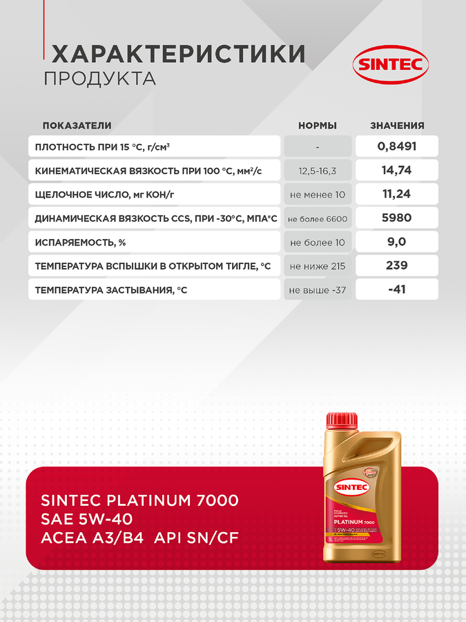 Масло моторное SINTEC Platinum 7000 5W-40 A3/B4 SN/CF, синтетическое, 1л, предпросмотр