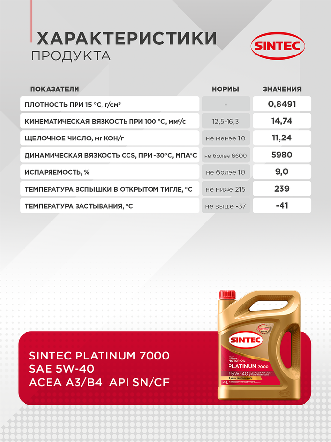 Масло моторное SINTEC Platinum 7000 5W-40 A3/B4 SN/CF, синтетическое, 4л, предпросмотр