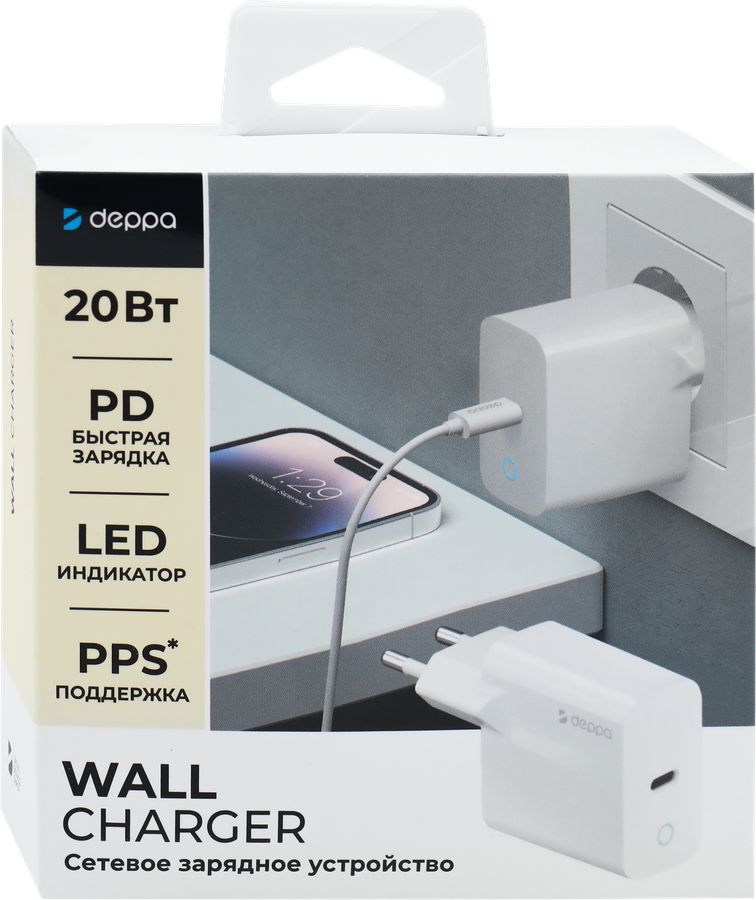 Устройство зарядное сетевое DEPPA USB Type-C, Power Delivery, 20Вт,  белое, предпросмотр