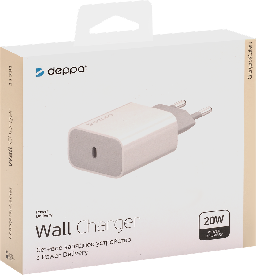 Устройство зарядное сетевое DEPPA USB Type-C, Power Delivery, 20Вт,  белое, предпросмотр