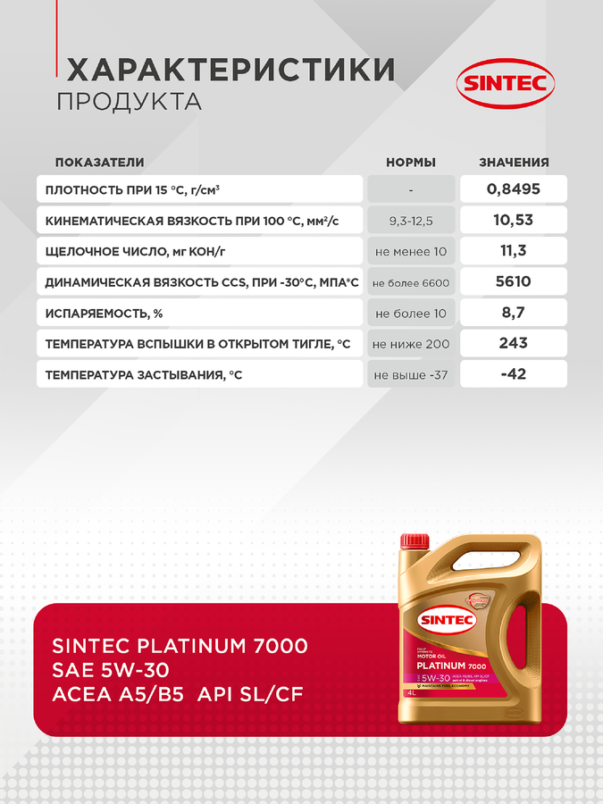 Масло моторное SINTEC Platinum 7000 5W-30 A5/B5 SL, синтетическое, 4л, превью