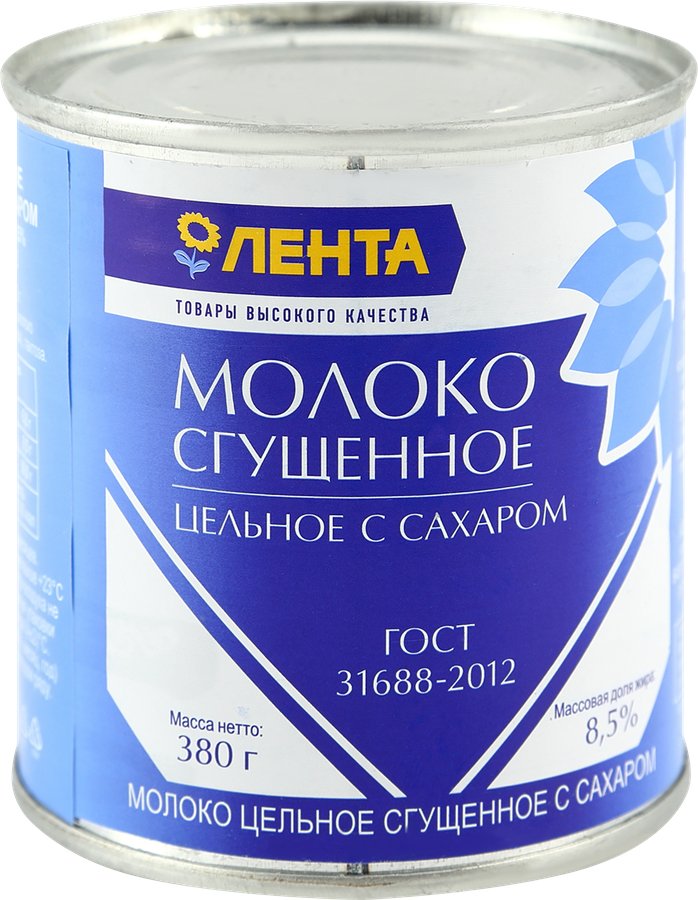 Молоко сгущенное ЛЕНТА цельное с сахаром 8,5% без змж, 380г, предпросмотр