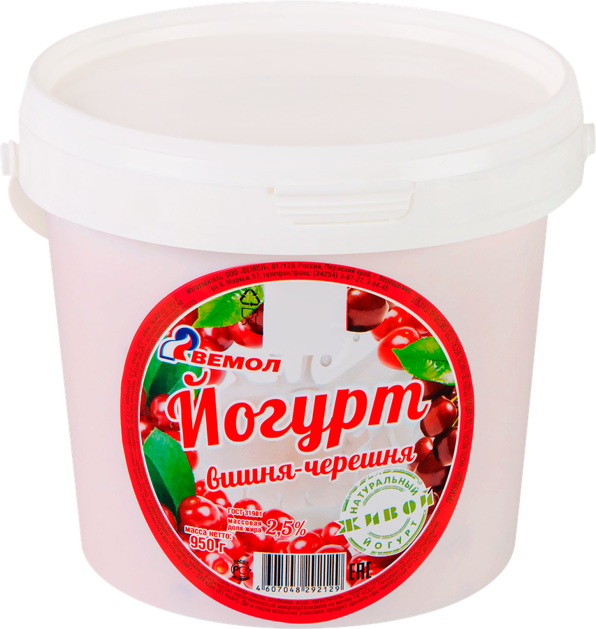 Йогурт ВЕМОЛ Вишня, черешня 2,5%, без змж, 950г, предпросмотр