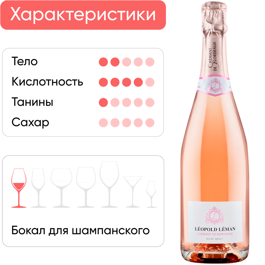 Вино игристое LEOPOLD LEMAN Креман де Бордо выдержанное розовое брют, 0.75л, предпросмотр