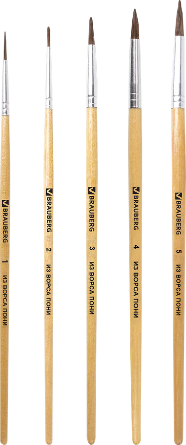 Кисти BRAUBERG ворс пони, круглые, № 1,2,3,4,5, 5шт, превью
