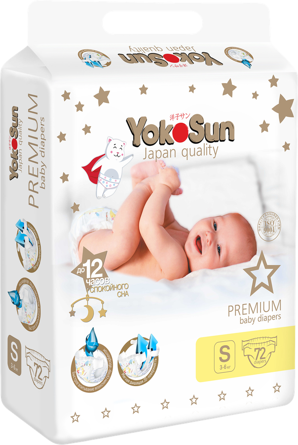 Подгузники YOKOSUN Premium S 3–6кг, 72шт, превью