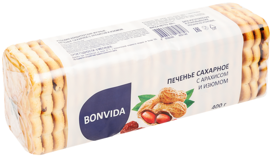 Печенье сахарное BONVIDA с арахисом и изюмом, 400г, предпросмотр
