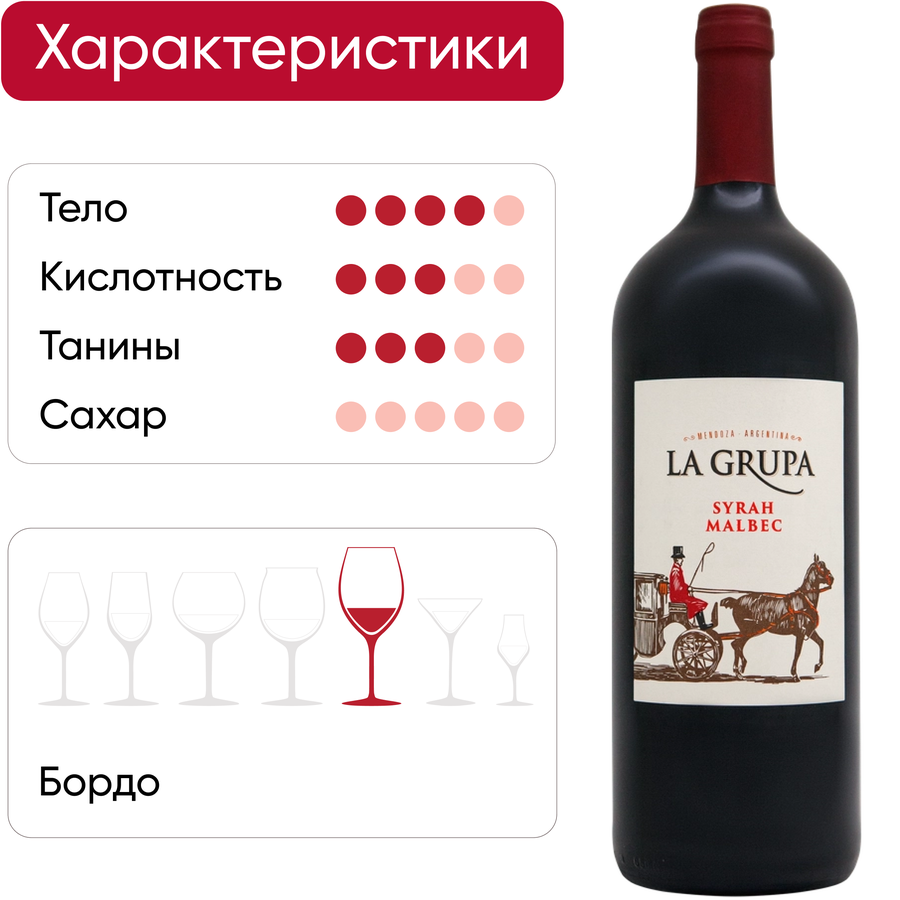 Вино LA GRUPA Сира Мальбек Мендоса ординарное красное сухое, 1.5л, предпросмотр