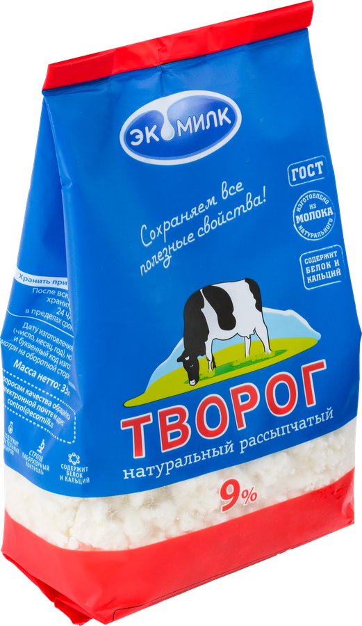 Творог рассыпчатый ЭКОМИЛК натуральный 9%, без змж, 350г, превью