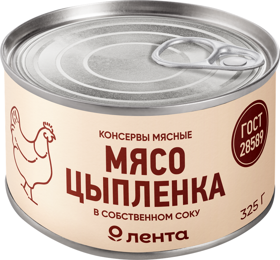 Цыпленок тушеный ЛЕНТА в собственном соку, ГОСТ, 325г, предпросмотр
