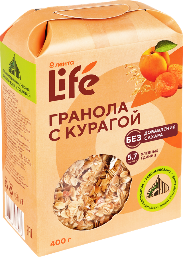 Гранола ЛЕНТА LIFE с курагой, без сахара, 400г, предпросмотр