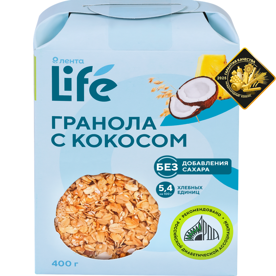 Гранола ЛЕНТА LIFE с кокосом, без сахара, 400г, превью
