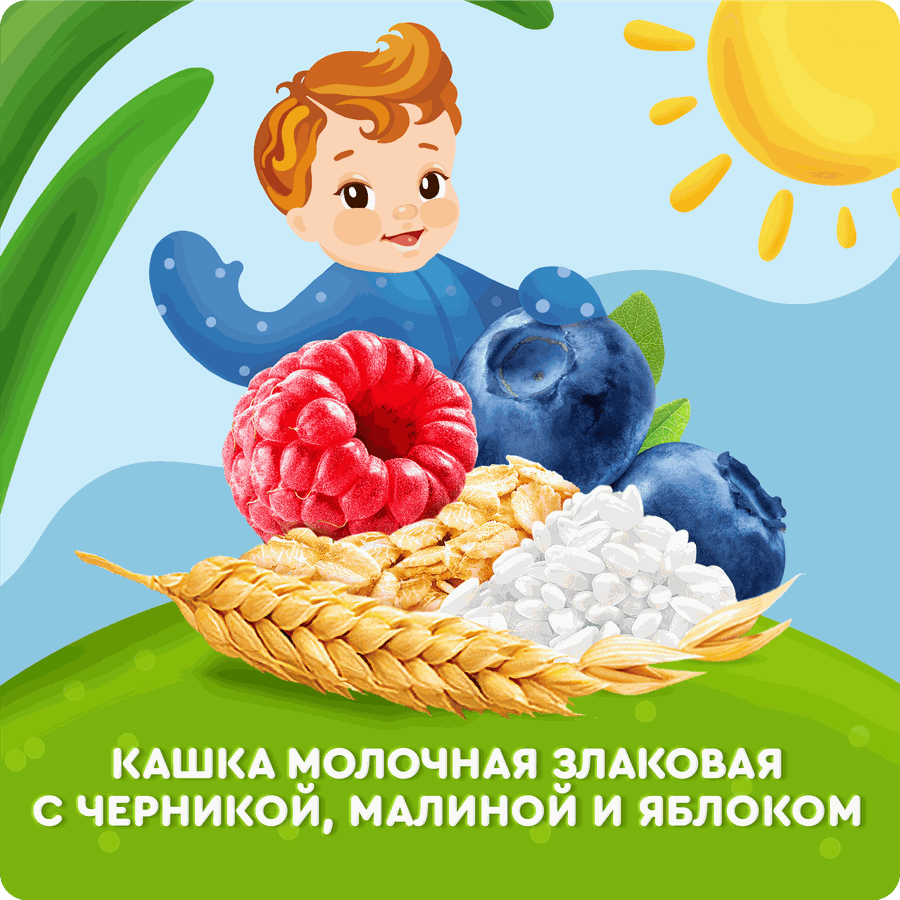Каша злаковая детская АГУША Укрепляй-ка, молочная с черникой, малиной и яблоком 2,7%, с 6 месяцев, 200мл, предпросмотр