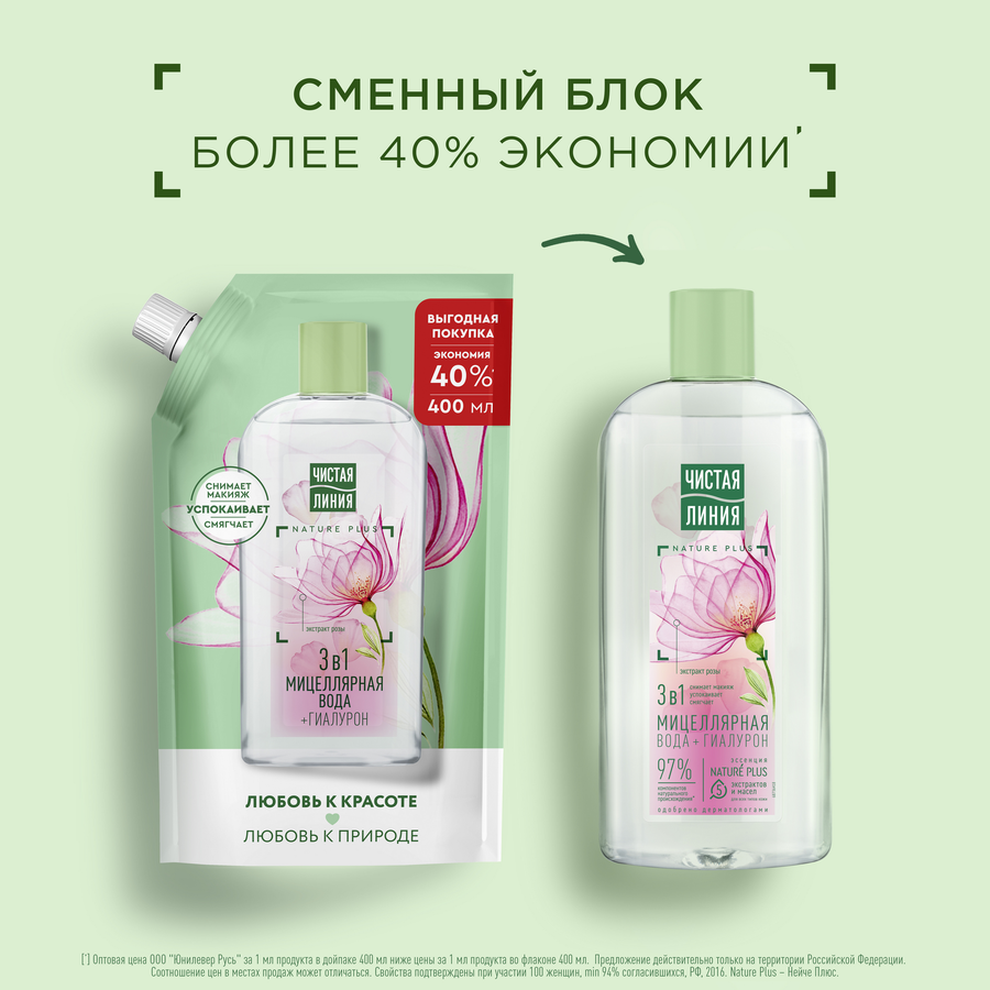 Мицеллярная вода ЧИСТАЯ ЛИНИЯ Роза и алоэ, 400мл, превью