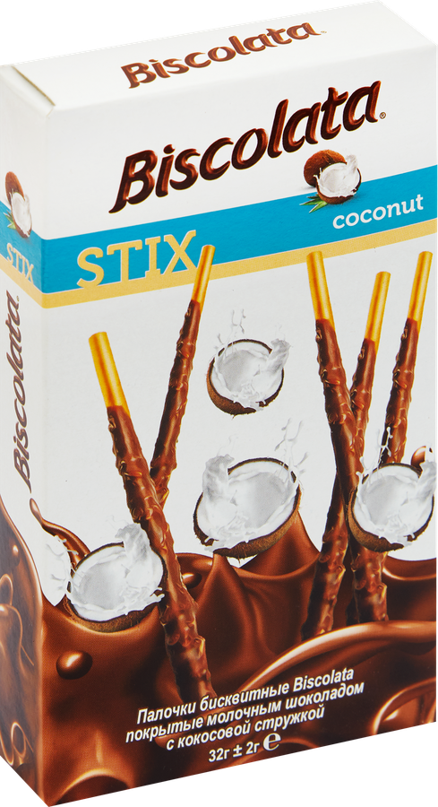 Палочки бисквитные SOLEN Biscolata stix coconut, молочный шоколад, с кокосовой стружкой, 32г, предпросмотр