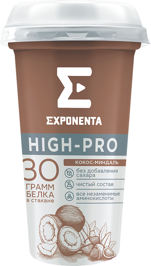 Напиток кисломолочный EXPONENTA High-pro Кокос, миндаль обезжиренный с высоким содержанием белка, без змж, 250г, предпросмотр
