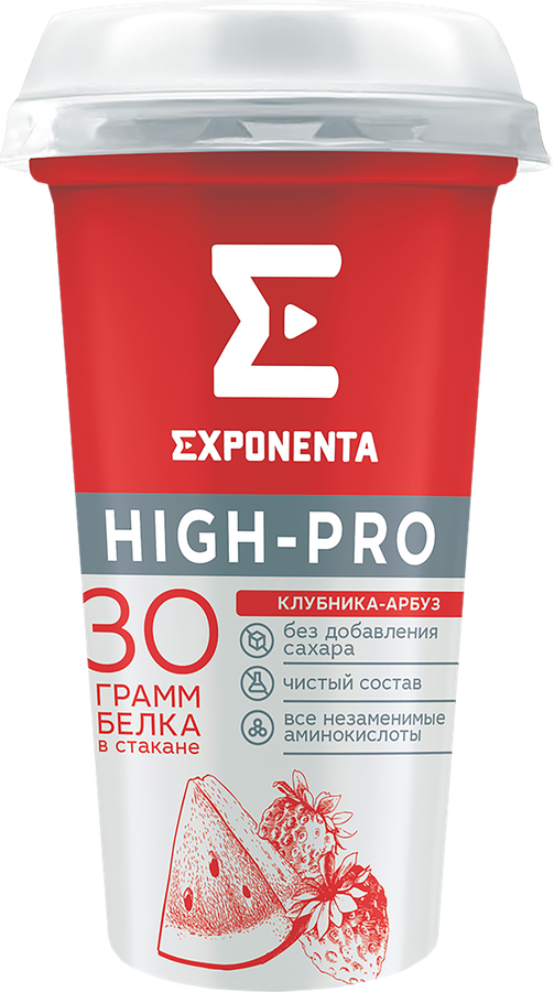Напиток кисломолочный EXPONENTA High-pro Клубника, арбуз обезжиренный с высоким содержанием белка, без змж, 250г, предпросмотр