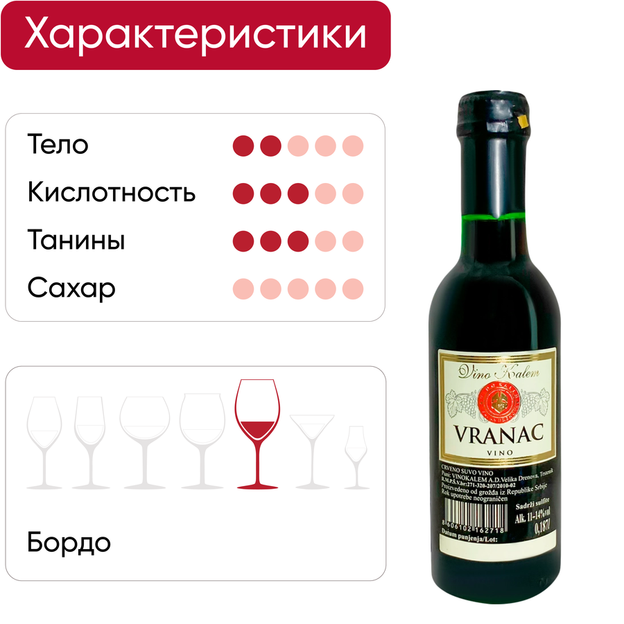 Вино VINO KALEM Вранец красное сухое, 0.187л, превью