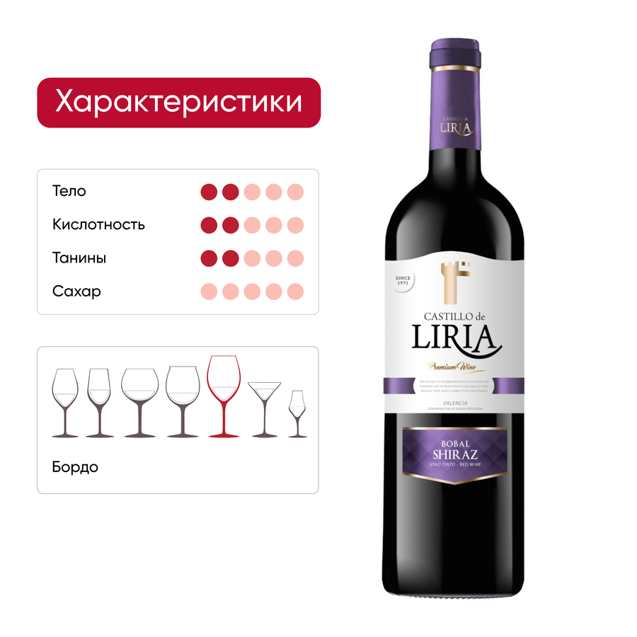 Вино CASTILLO DE LIRIA Валенсия Бобаль-Шираз красное сухое, 0.75л, предпросмотр