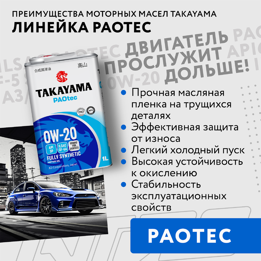Масло моторное TAKAYAMA синтетическое SAE 0W-20, ILSAC GF-5, API SN, Арт. 605553, 1л, предпросмотр