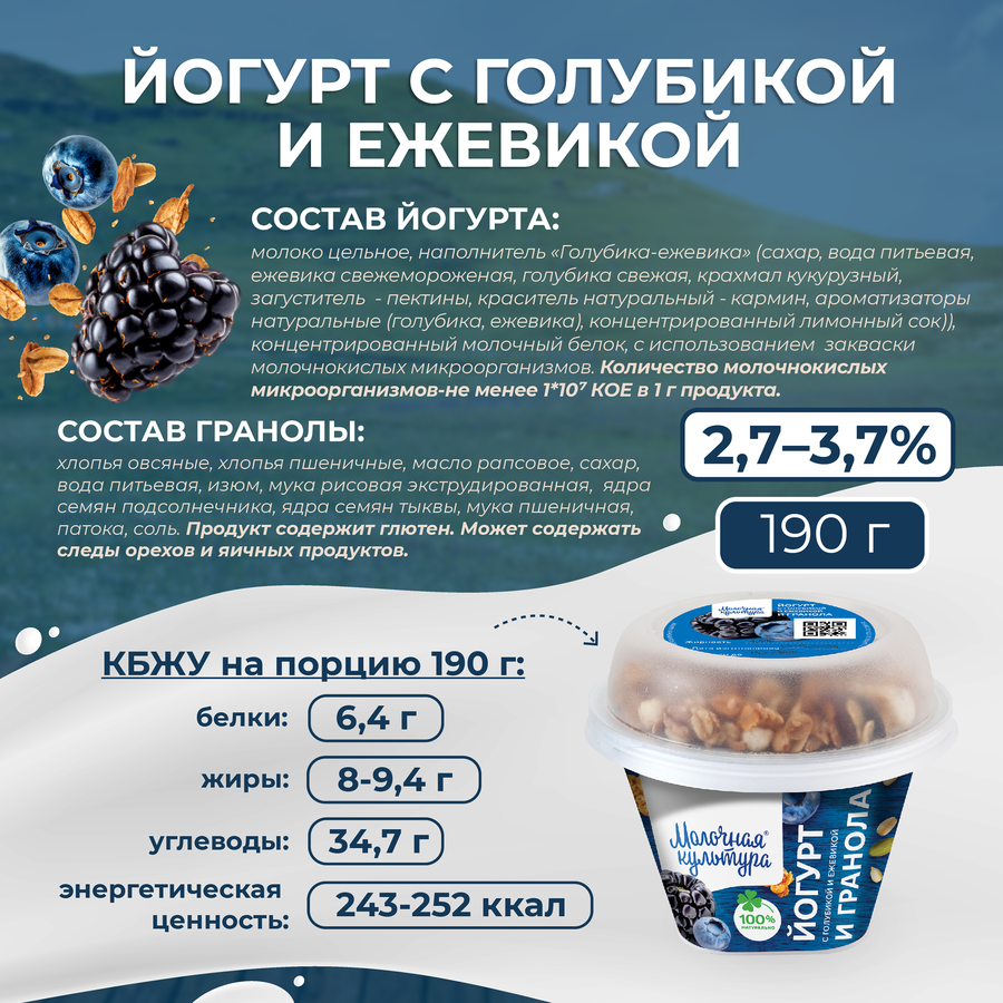 Йогурт МОЛОЧНАЯ КУЛЬТУРА с голубикой и ежевикой с гранолой и изюмом 2,7–3,5%, без змж, 190г, превью