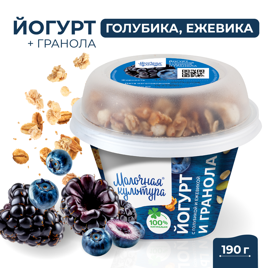 Йогурт МОЛОЧНАЯ КУЛЬТУРА с голубикой и ежевикой с гранолой и изюмом 2,7–3,5%, без змж, 190г, превью